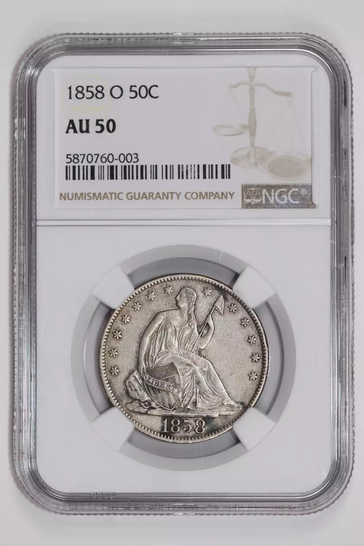 AU50 1858-O SEATED LIBERTY HALF DOLLAR NGC: AU50 1858-O SEATED LIBERTY HALF DOLLAR NGC This listing features AU50 1858-O SEATED LIBERTY HALF DOLLAR NGC. Item specifics are provided below. Item Specifics: Country Of Origin: USA Certification: NG