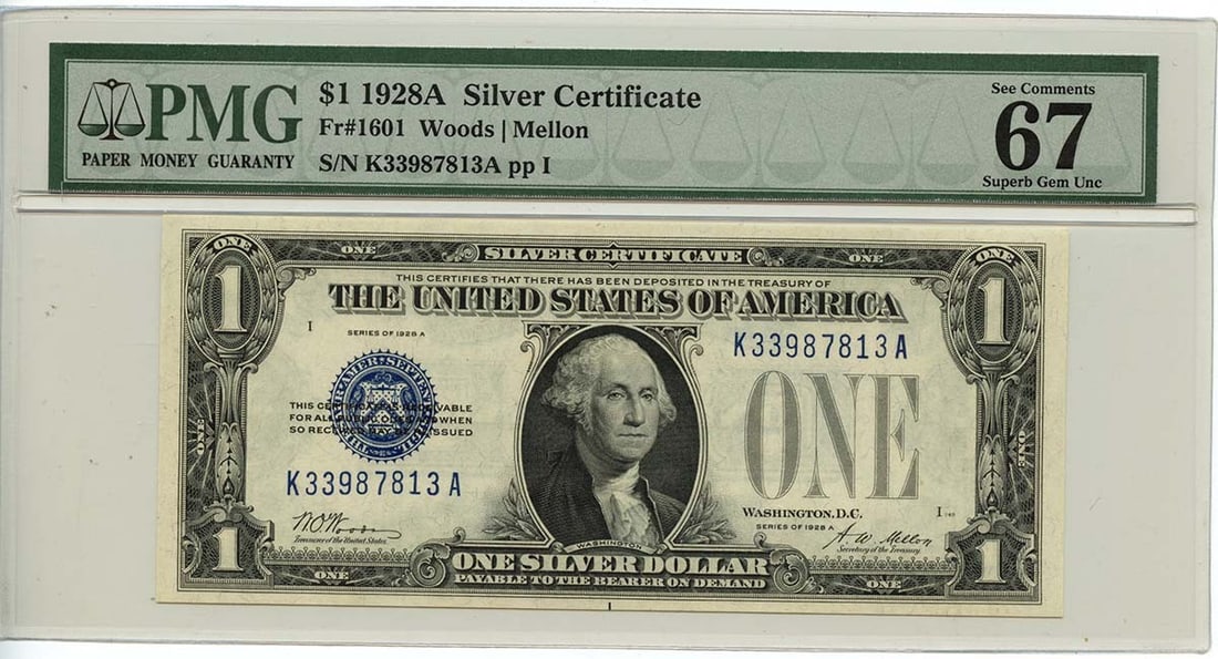 EPQ 1928A $1 Silver Certificate Blue Woods Mellon Fr# 1601 PMG SUPERB GEM 67: EPQ 1928A $1 Silver Certificate Blue Woods Mellon Fr# 1601 PMG SUPERB GEM 67 This listing features EPQ 1928A $1 Silver Certificate Blue Woods Mellon Fr# 1601 PMG SUPERB GEM 67. Item specifics are prov