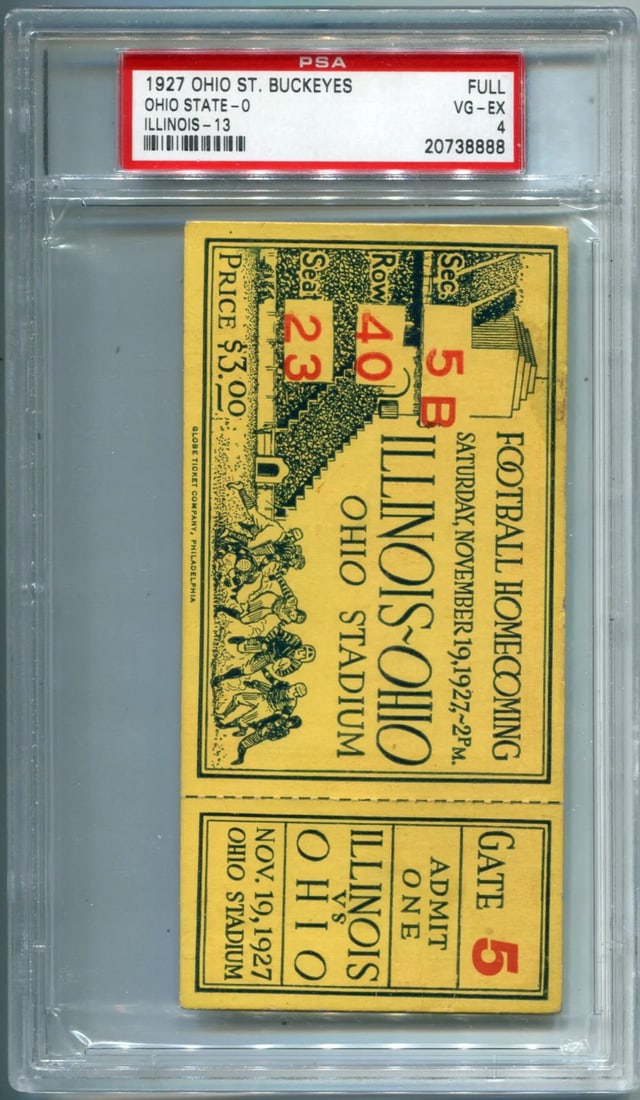 4 1927 Ohio ST.Buckeyes Vs. Illinois Full Football Ticket PSA: 4 1927 Ohio ST.Buckeyes Vs. Illinois Full Football Ticket PSA This listing features 4 1927 Ohio ST.Buckeyes Vs. Illinois Full Football Ticket PSA. Item specifics are provided below. Item Specifics: 19