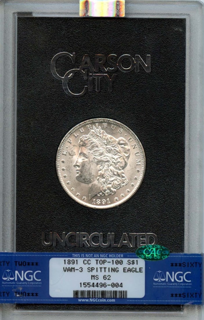 (CAC) 1891-CC TOP-100 Morgan Dollar VAM-3 SPITTING EAGLE S$1 NGC MS62: (CAC) 1891-CC TOP-100 Morgan Dollar VAM-3 SPITTING EAGLE S$1 NGC MS62 This listing features (CAC) 1891-CC TOP-100 Morgan Dollar VAM-3 SPITTING EAGLE S$1 NGC MS62. Item specifics are provided below. It