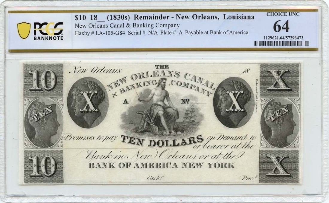 Louisiana Obsolete Note Canal & Banking Co PCGS CU64 - 1830s $10 New Orleans: Louisiana Obsolete Note Canal & Banking Co PCGS CU64 - 1830s $10 New Orleans This listing features Louisiana Obsolete Note Canal & Banking Co PCGS CU64 - 1830s $10 New Orleans. Item specifics are prov