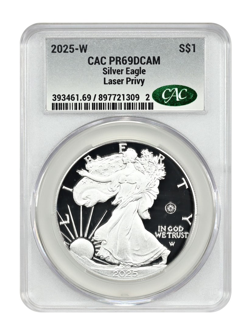 Silver Eagles - 2025-W $1 Silver Eagle CACG PR69DCAM (Laser Privy): Silver Eagles - 2025-W $1 Silver Eagle CACG PR69DCAM (Laser Privy) This listing features Silver Eagles - 2025-W $1 Silver Eagle CACG PR69DCAM (Laser Privy). Item specifics are provided below. Item Spe