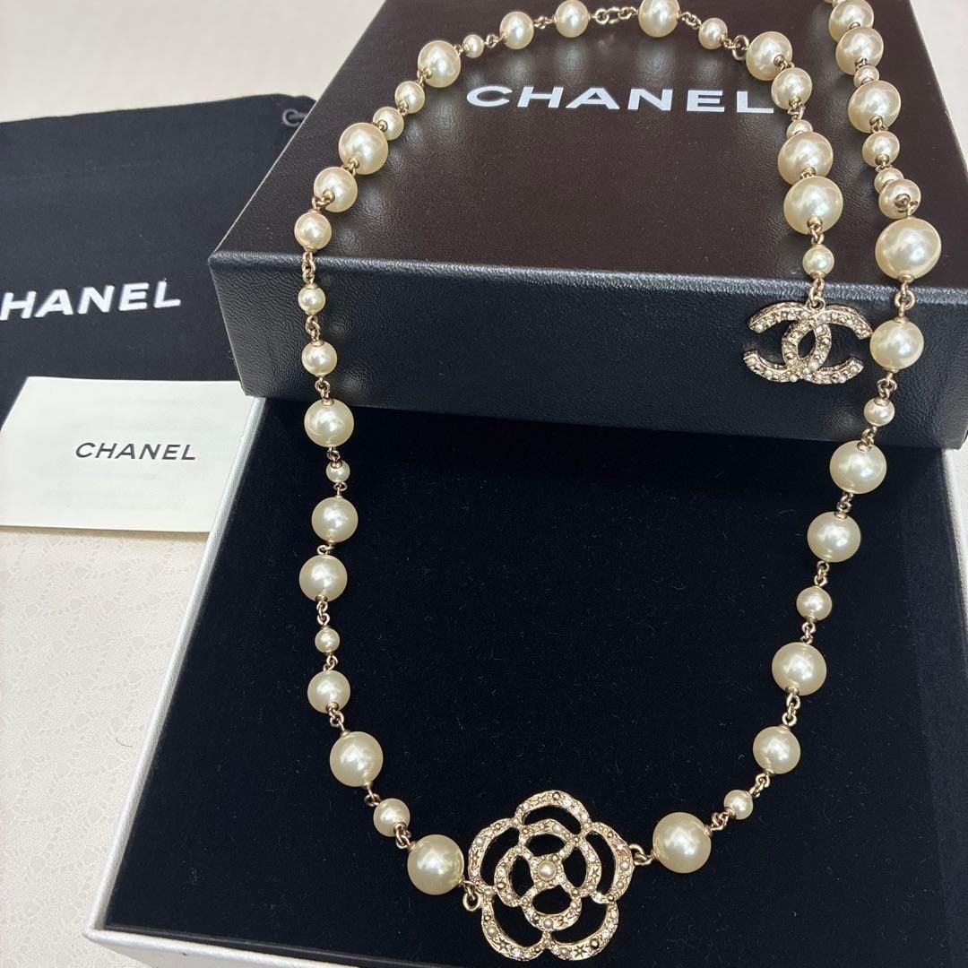 Box CHANEL A13 P Coco Mark CC and Camellia Motif Faux Pearl Long Necklace with (1 of 18)
