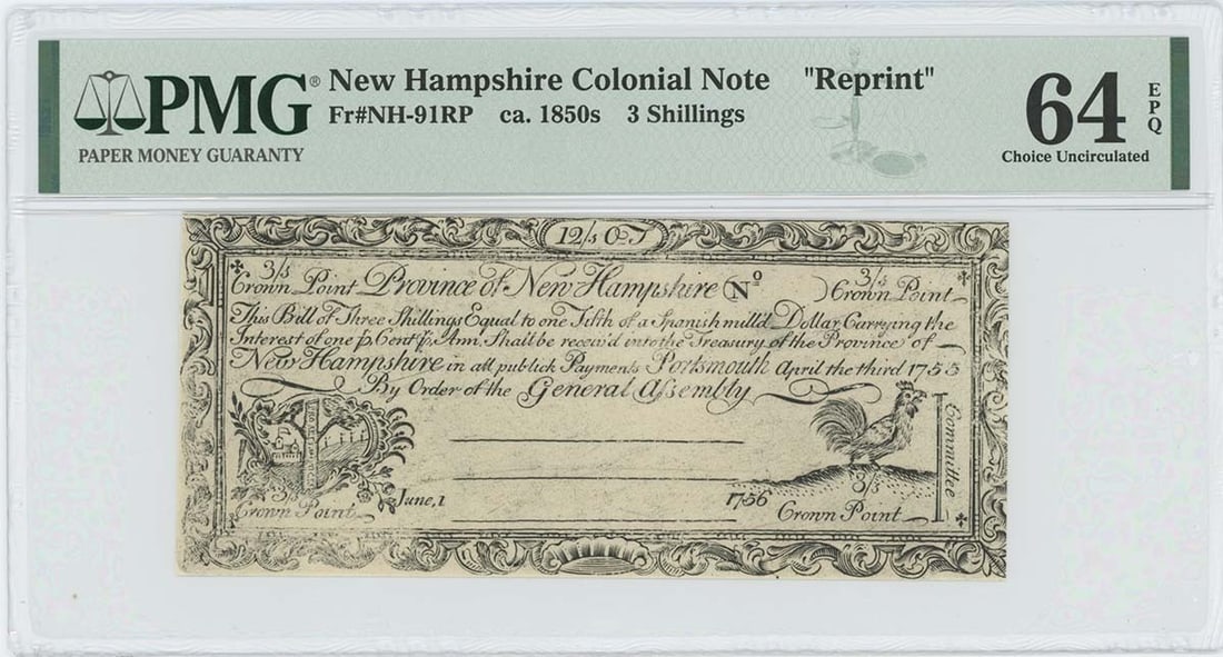 3s New Hampshire Colonial FR#NH-91RP PMG CU64 EPQ Cohen - 1755/ 6 April 3: 3s New Hampshire Colonial FR#NH-91RP PMG CU64 EPQ Cohen - 1755/ 6 April 3 This listing features 3s New Hampshire Colonial FR#NH-91RP PMG CU64 EPQ Cohen - 1755/ 6 April 3. Item specifics are provided b