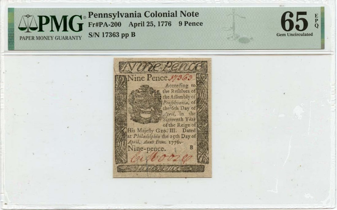 9d Pennsylvania Colonial Note FR#PA-200 PMG GEM 65 EPQ - 1776 April 25: 9d Pennsylvania Colonial Note FR#PA-200 PMG GEM 65 EPQ - 1776 April 25 This listing features 9d Pennsylvania Colonial Note FR#PA-200 PMG GEM 65 EPQ - 1776 April 25. Item specifics are provided below.