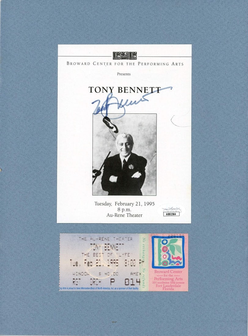 (JSA) Tony Bennett Autographed Program Page w/ Ticket: (JSA) Tony Bennett Autographed Program Page w/ Ticket This listing features (JSA) Tony Bennett Autographed Program Page w/ Ticket. Item specifics are provided below. Item Specifics: Brand: James Spenc