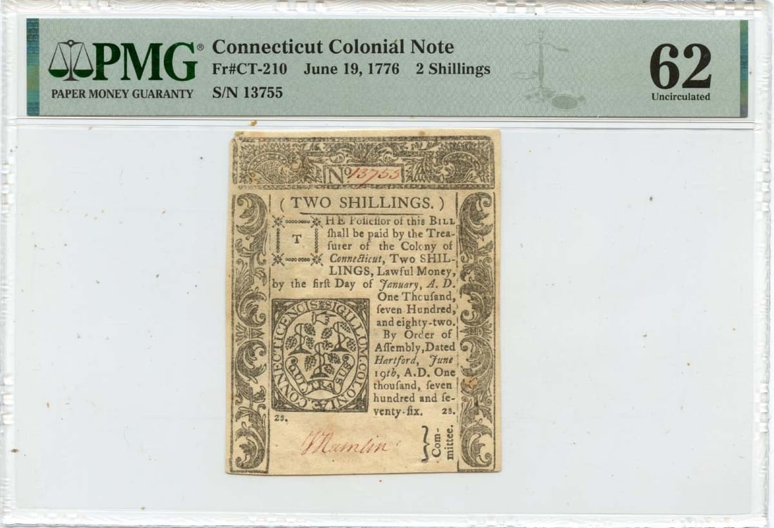 2 Shillings Connecticut Colonial Note FR#CT-210 PMG CU62 - 1776 June 19: 2 Shillings Connecticut Colonial Note FR#CT-210 PMG CU62 - 1776 June 19 This listing features 2 Shillings Connecticut Colonial Note FR#CT-210 PMG CU62 - 1776 June 19. Item specifics are provided below