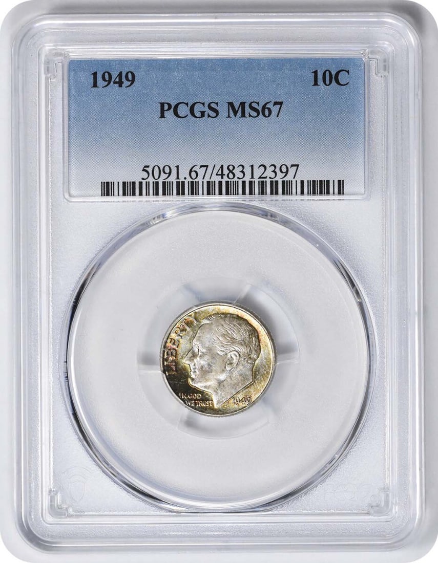 Toned 1949 Roosevelt Silver Dime MS67 PCGS: Toned 1949 Roosevelt Silver Dime MS67 PCGS This listing features Toned 1949 Roosevelt Silver Dime MS67 PCGS. Item specifics are provided below. Item Specifics: Country Of Origin: United States Certifi