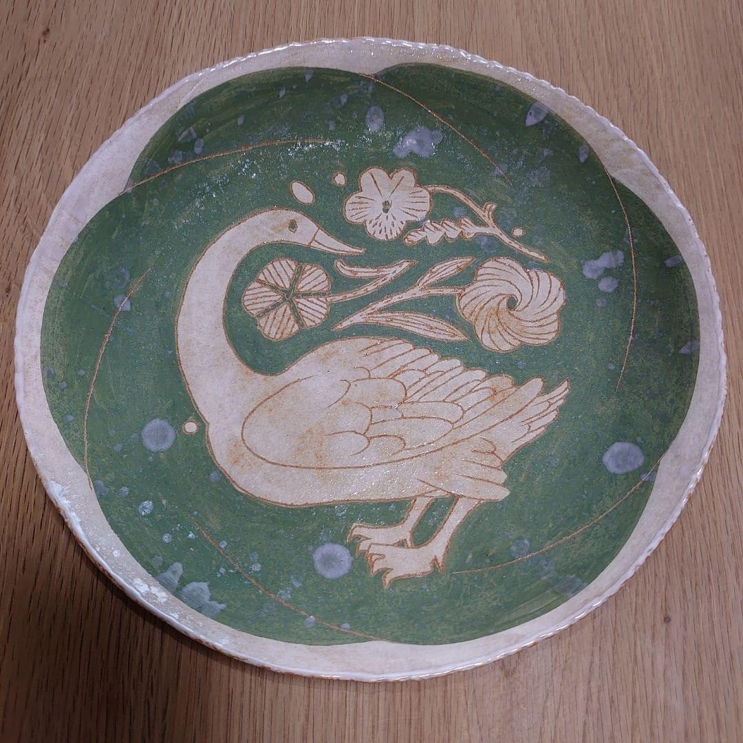 Autographed Makoto Kagoshima Plate Round Art Pottery Duck and Flower Green: Autographed Makoto Kagoshima Plate Round Art Pottery Duck and Flower Green This listing features Autographed Makoto Kagoshima Plate Round Art Pottery Duck and Flower Green. Item specifics are provided