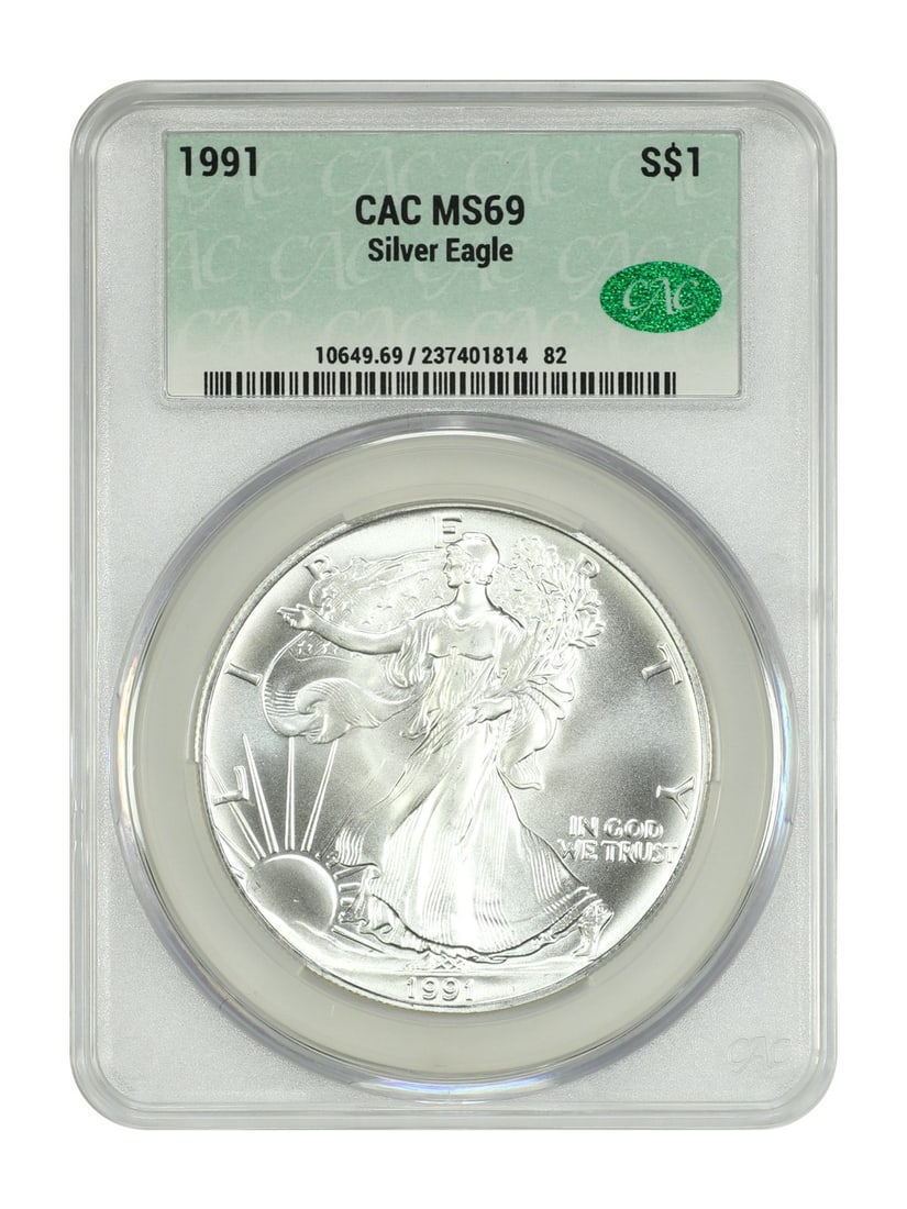 Silver Eagles - 1991 $1 Silver Eagle CACG MS69: Silver Eagles - 1991 $1 Silver Eagle CACG MS69 This listing features Silver Eagles - 1991 $1 Silver Eagle CACG MS69. Item specifics are provided below. Item Specifics: Certification: CACG Certificatio