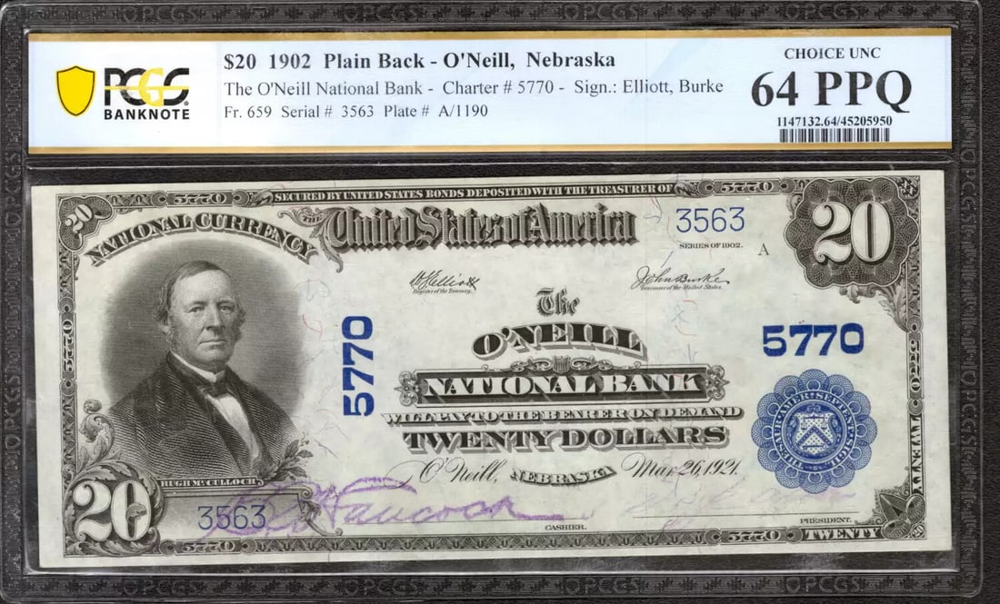 (563) 1902 $20 NATIONAL BANKNOTE CURRENCY FR.659 O'NEILL NEBRASKA PCGS CU 64 PPQ (1 of 2)