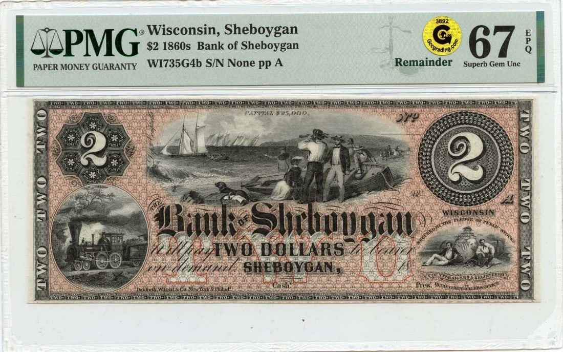 POP 1860s $2 Wisconsin Obsolete Bank of Sheboygan PMG Superb GEM 67 EPQ GCC TOP: POP 1860s $2 Wisconsin Obsolete Bank of Sheboygan PMG Superb GEM 67 EPQ GCC TOP This listing features POP 1860s $2 Wisconsin Obsolete Bank of Sheboygan PMG Superb GEM 67 EPQ GCC TOP. Item specifics ar