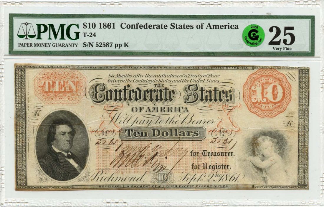 Green 1861 $10 Confederate States of America T-24 PMG VF25 GCC (1 of 2)