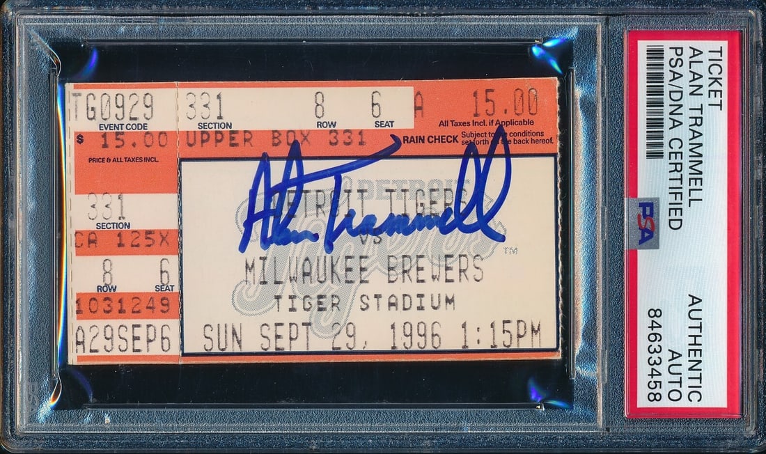 177185 Alan Trammel Autographed 9/ 19/ 1996 Ticket Stub Tigers Last Game PSA/ DNA: 177185 Alan Trammel Autographed 9/ 19/ 1996 Ticket Stub Tigers Last Game PSA/ DNA This listing features 177185 Alan Trammel Autographed 9/ 19/ 1996 Ticket Stub Tigers Last Game PSA/ DNA. Item specific