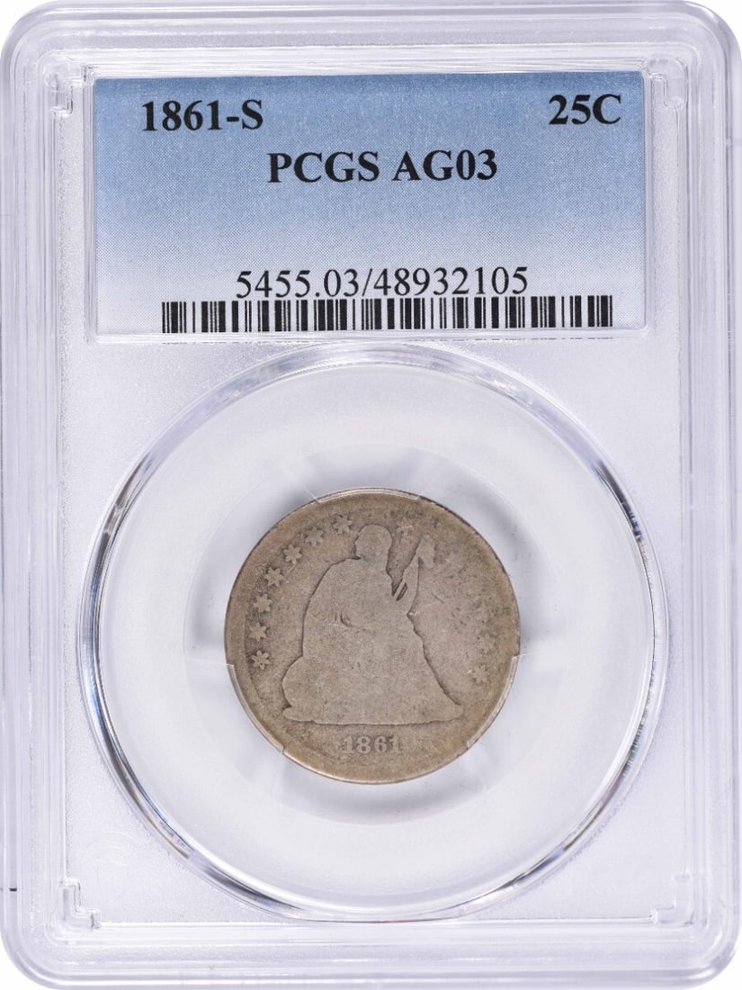 PCGS 1861-S Liberty Seated Quarter AG03: PCGS 1861-S Liberty Seated Quarter AG03 This listing features PCGS 1861-S Liberty Seated Quarter AG03. Item specifics are provided below. Item Specifics: Country Of Origin: United States Certification