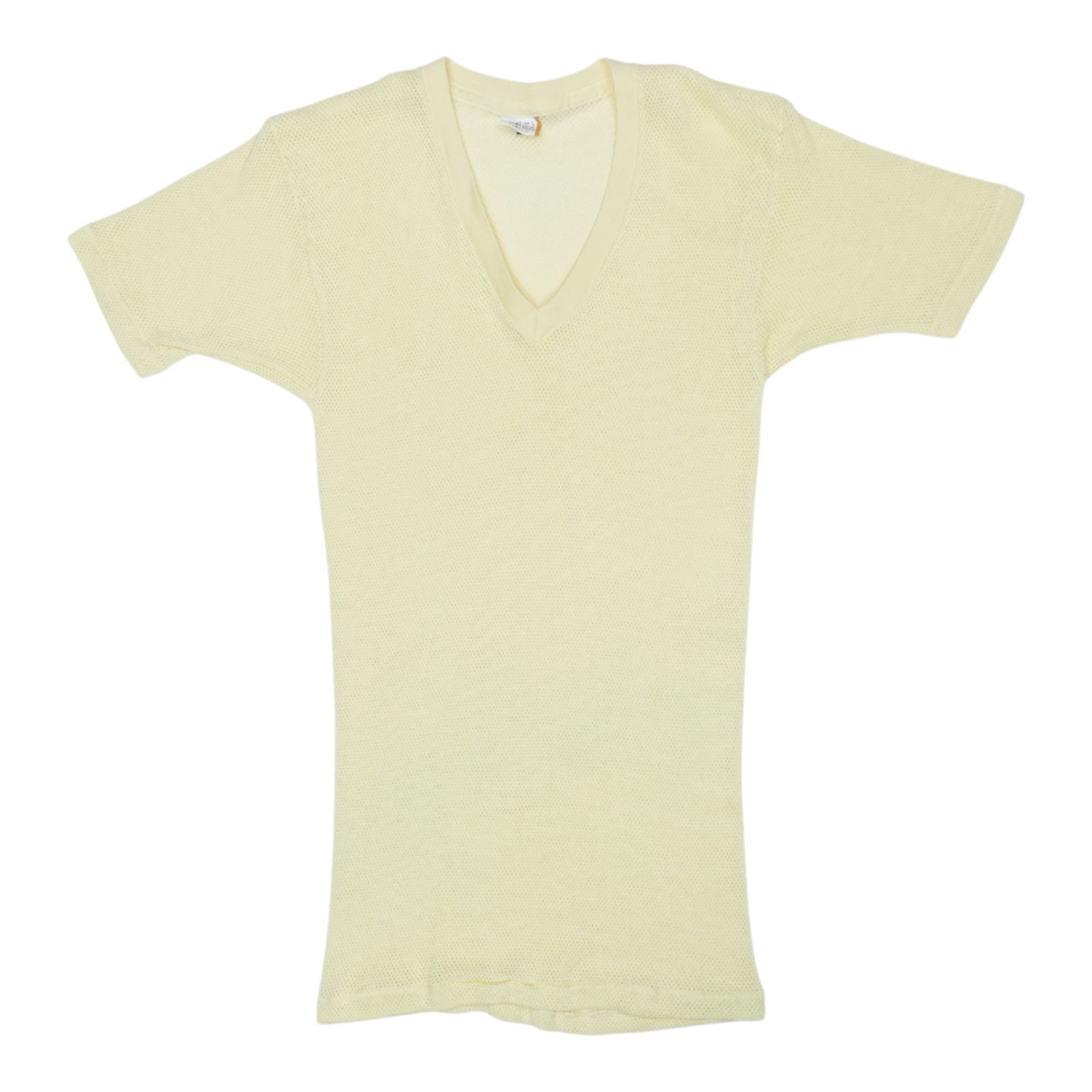 Shirt 1970s Jockey Mesh V-Neck: Shirt 1970s Jockey Mesh V-Neck This listing features Shirt 1970s Jockey Mesh V-Neck. Item specifics are provided below. Item Specifics: Size: Large Tag Size: Large Material: 100% Cotton Color: Yellow