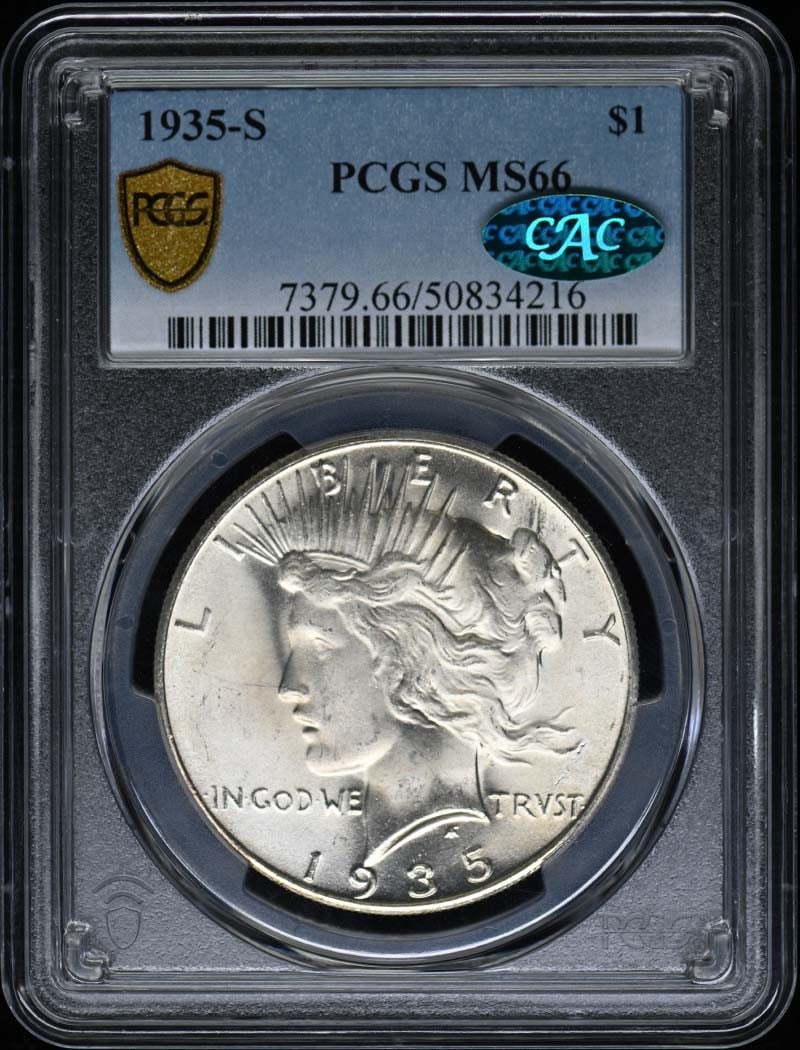 (CAC) 1935-S $1 Peace Dollar PCGS MS66: (CAC) 1935-S $1 Peace Dollar PCGS MS66 This listing features (CAC) 1935-S $1 Peace Dollar PCGS MS66. Item specifics are provided below. Item Specifics: Certification: PCGS Certification Number: 508342