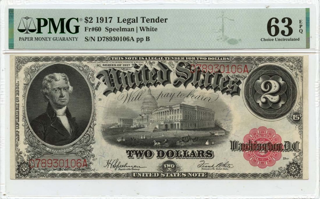 Choice 1917 $2 Legal Tender Note FR#60 PMG CU63 EPQ: Choice 1917 $2 Legal Tender Note FR#60 PMG CU63 EPQ This listing features Choice 1917 $2 Legal Tender Note FR#60 PMG CU63 EPQ. Item specifics are provided below. Item Specifics: Circulated/Uncirculate