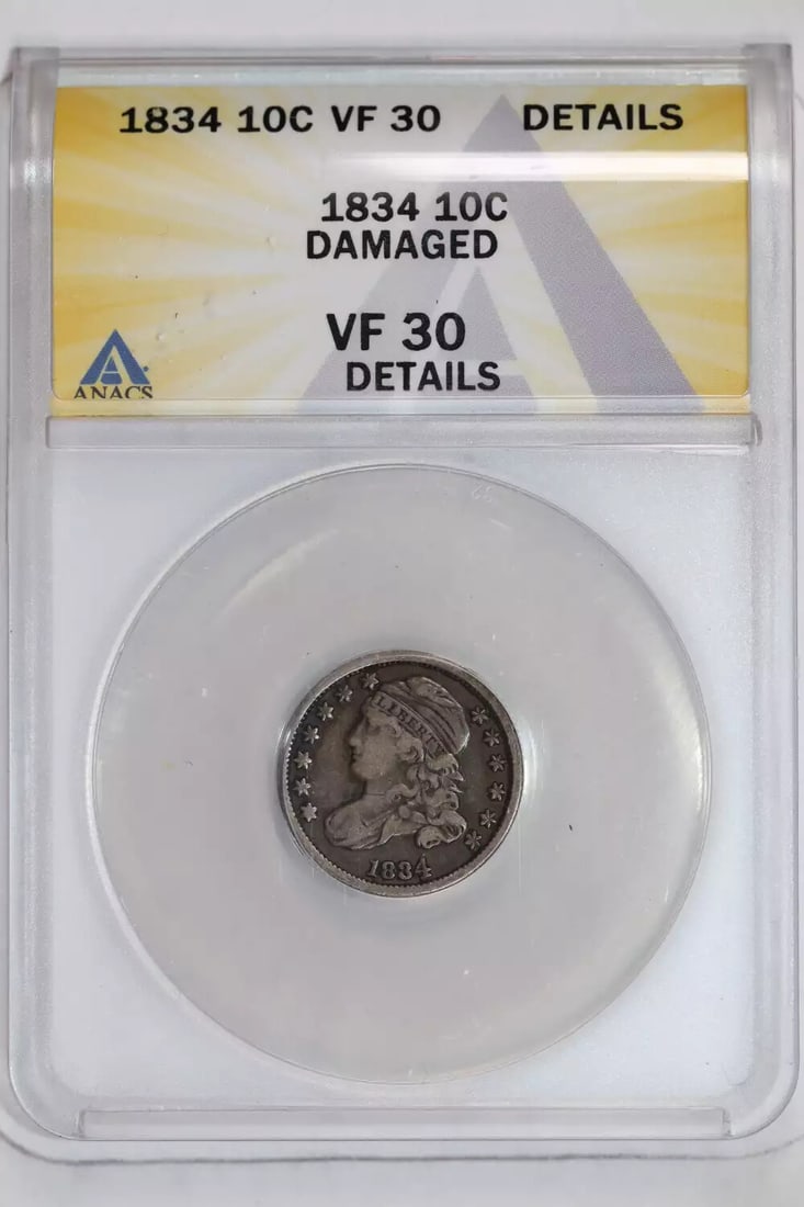 DETAILS 1834 LARGE 4 CAPPED BUST DIME ANACS VF30: DETAILS 1834 LARGE 4 CAPPED BUST DIME ANACS VF30 This listing features DETAILS 1834 LARGE 4 CAPPED BUST DIME ANACS VF30. Item specifics are provided below. Item Specifics: Country Of Origin: USA