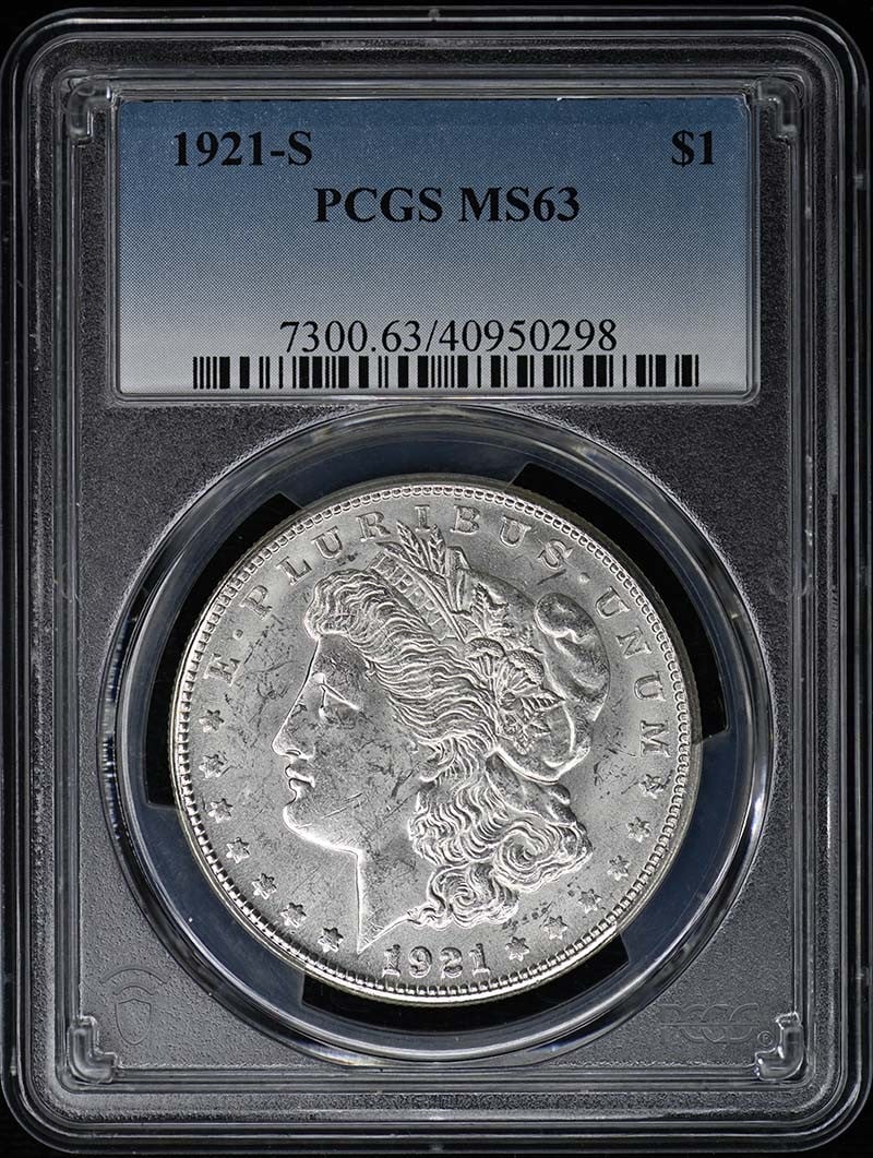 MS63 1921-S $1 Morgan Dollar PCGS: MS63 1921-S $1 Morgan Dollar PCGS This listing features MS63 1921-S $1 Morgan Dollar PCGS. Item specifics are provided below. Item Specifics: Certification: PCGS Certification Number: 40950298 Grade: