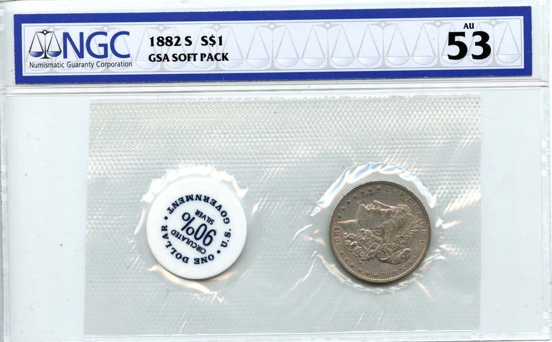 AU53 1882-S Morgan Dollar GSA SOFT PACK S$1 NGC: AU53 1882-S Morgan Dollar GSA SOFT PACK S$1 NGC This listing features AU53 1882-S Morgan Dollar GSA SOFT PACK S$1 NGC. Item specifics are provided below. Item Specifics: Certification: NGC Certificati