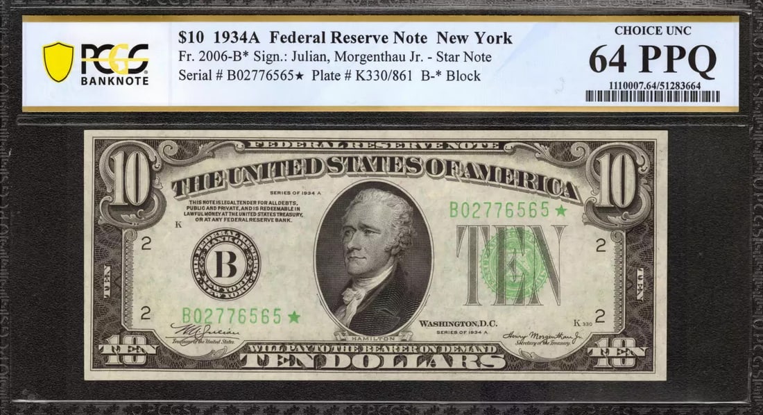 (565*) 1934 A $10 FEDERAL RESERVE STAR NOTE FR.2006-B* NEW YORK PCGS CU 64 PPQ: (565*) 1934 A $10 FEDERAL RESERVE STAR NOTE FR.2006-B* NEW YORK PCGS CU 64 PPQ This listing features (565*) 1934 A $10 FEDERAL RESERVE STAR NOTE FR.2006-B* NEW YORK PCGS CU 64 PPQ. Item specifics are