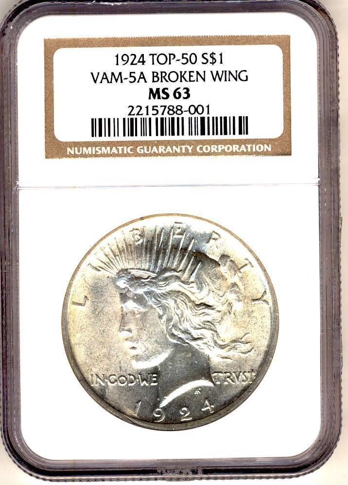 MS63 C2679- 1924 VAM-5A "BROKEN WING" TOP 50 PEACE DOLLAR NGC: MS63 C2679- 1924 VAM-5A "BROKEN WING" TOP 50 PEACE DOLLAR NGC This listing features MS63 C2679- 1924 VAM-5A "BROKEN WING" TOP 50 PEACE DOLLAR NGC. Item specifics are provided below. Item Specifics: Ce