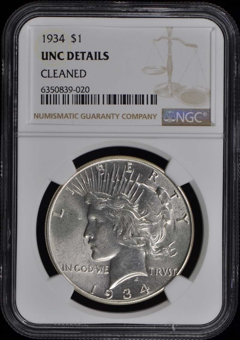 Details 1934 Peace Dollar S$1 NGC UNC: Details 1934 Peace Dollar S$1 NGC UNC This listing features Details 1934 Peace Dollar S$1 NGC UNC. Item specifics are provided below. Item Specifics: Certification: NGC Certification Number: 635083902