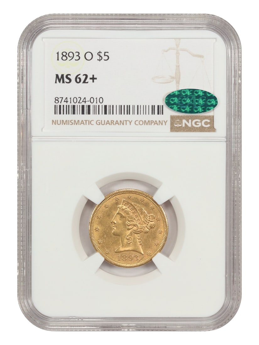 Affordable New Orleans Gold Issue - 1893-O $5 NGC/ CAC MS62+ - Liberty Head $5: Affordable New Orleans Gold Issue - 1893-O $5 NGC/ CAC MS62+ - Liberty Head $5 This listing features Affordable New Orleans Gold Issue - 1893-O $5 NGC/ CAC MS62+ - Liberty Head $5. Item specifics are