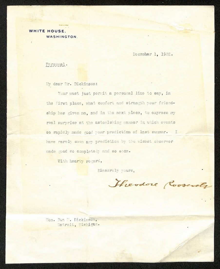 00703 Theodore Roosevelt Signed Typed Letter (TLS) Former President JSA Full LOA (1 of 3)