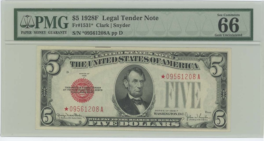Star 1928F $5 Legal Tender FR#1531* PMG 66 Gem UNC EPQ: Star 1928F $5 Legal Tender FR#1531* PMG 66 Gem UNC EPQ This listing features Star 1928F $5 Legal Tender FR#1531* PMG 66 Gem UNC EPQ. Item specifics are provided below. Item Specifics: Certification: P