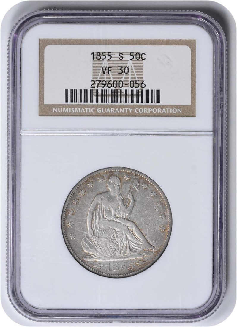 NGC 1855-S Liberty Seated Silver Half Dollar VF30: NGC 1855-S Liberty Seated Silver Half Dollar VF30 This listing features NGC 1855-S Liberty Seated Silver Half Dollar VF30. Item specifics are provided below. Item Specifics: Country Of Origin: United