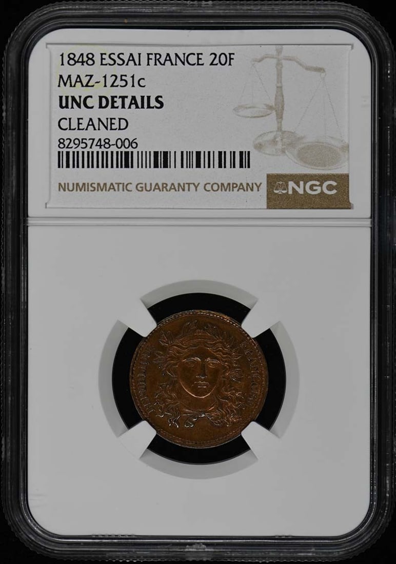 Cleaned 1848 ESSAI France 20F UNC Details: Cleaned 1848 ESSAI France 20F UNC Details This listing features Cleaned 1848 ESSAI France 20F UNC Details. Item specifics are provided below. Item Specifics: Year: 1848 Certification: NGC Certificatio