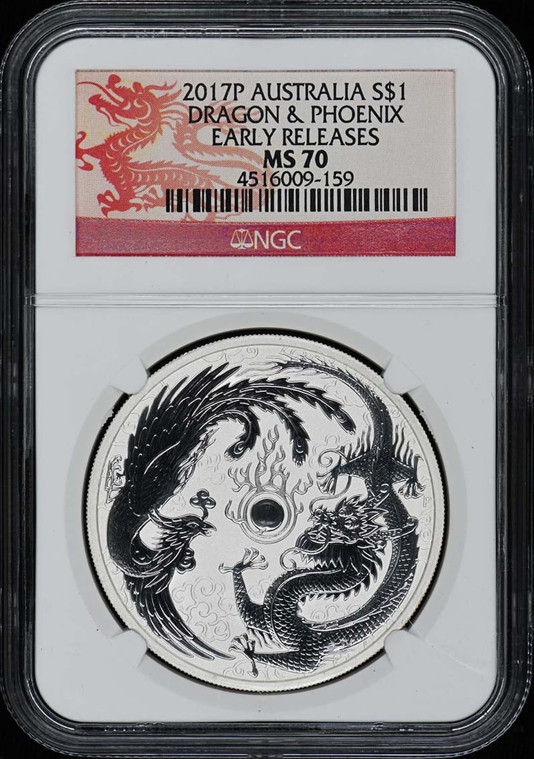 MS70 2017P AUSTRALIA DRAGON & PHOENIX EARLY RELEASES S$1 NGC: MS70 2017P AUSTRALIA DRAGON & PHOENIX EARLY RELEASES S$1 NGC This listing features MS70 2017P AUSTRALIA DRAGON & PHOENIX EARLY RELEASES S$1 NGC. Item specifics are provided below. Item Specifics: Circ