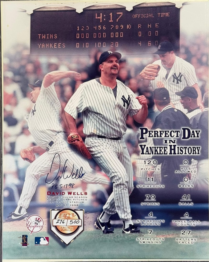 500 David Wells Autographed Yankees 16X20 Baseball Photo #276/ (1 of 1)