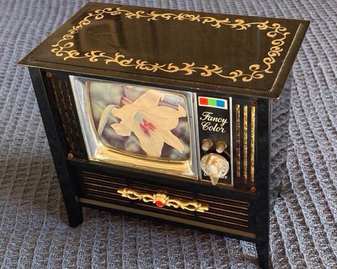 Japan TV-Type Music Box JANICA Color TV Shaped Jewelry Box Showa Retro Made in (1 of 9)