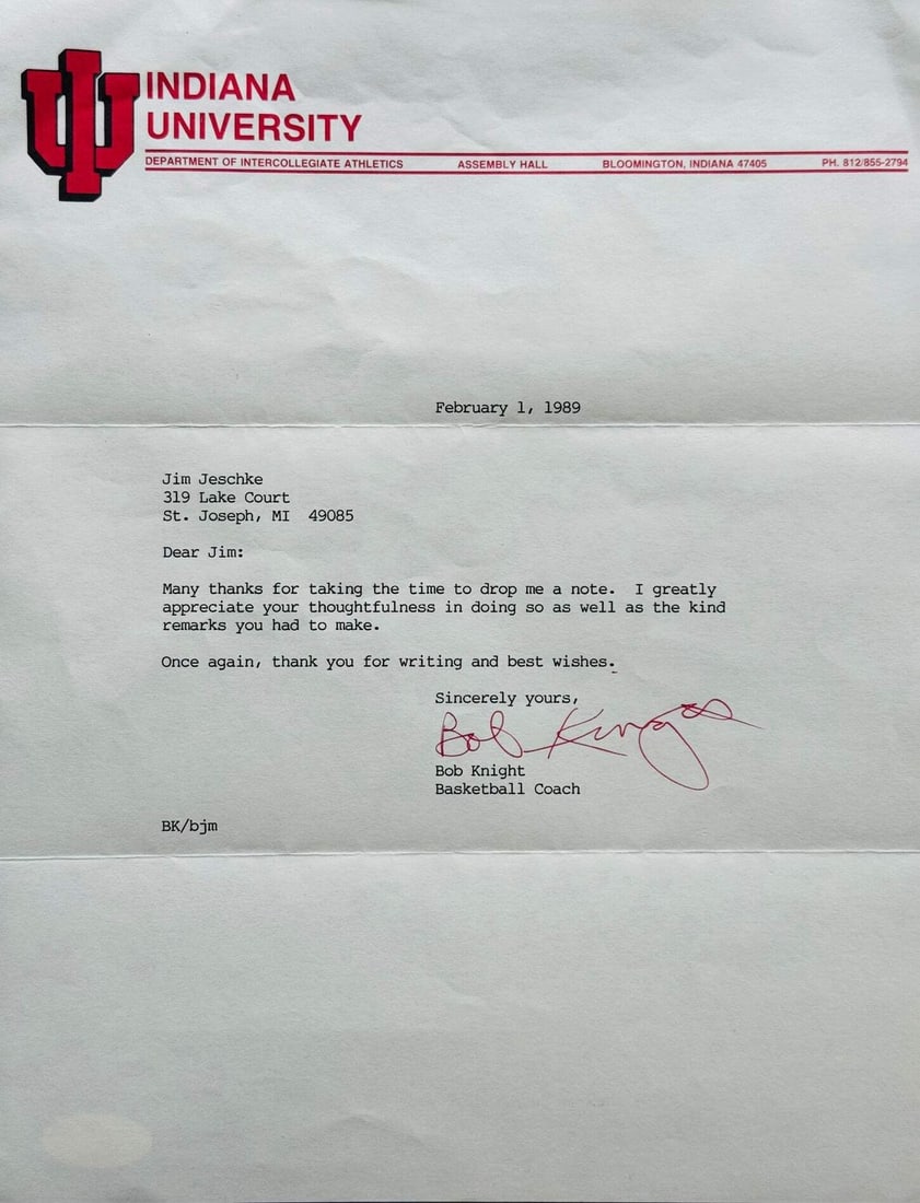 (JSA) Bobby Knight Autographed Indiana University Letter: (JSA) Bobby Knight Autographed Indiana University Letter This listing features (JSA) Bobby Knight Autographed Indiana University Letter. Item specifics are provided below. Item Specifics: Brand: James