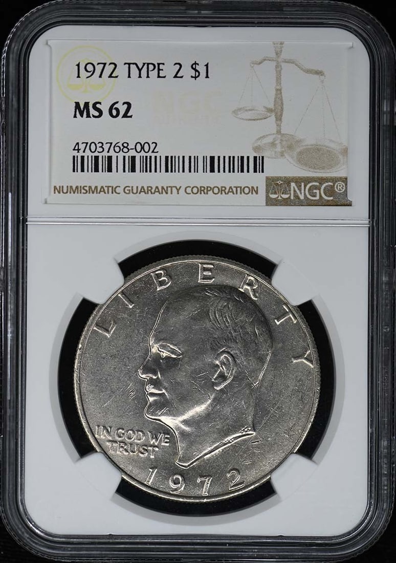 MS62 1972 TYPE 2 Eisenhower Dollar $1 NGC: MS62 1972 TYPE 2 Eisenhower Dollar $1 NGC This listing features MS62 1972 TYPE 2 Eisenhower Dollar $1 NGC. Item specifics are provided below. Item Specifics: Certification: NGC Certification Number: 4