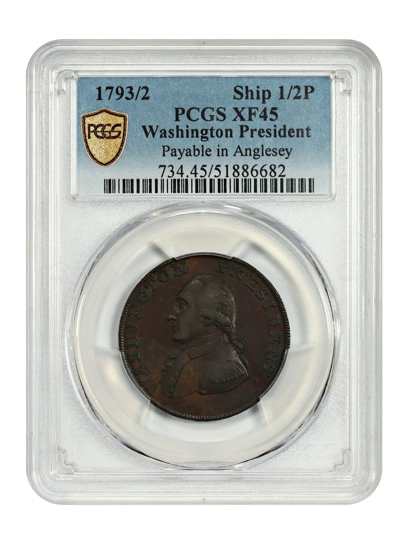 Colonials - 1793 1/ 2P Washington Ship PCGS XF45 (Payable in Anglesey): Colonials - 1793 1/ 2P Washington Ship PCGS XF45 (Payable in Anglesey) This listing features Colonials - 1793 1/ 2P Washington Ship PCGS XF45 (Payable in Anglesey). Item specifics are provided below.