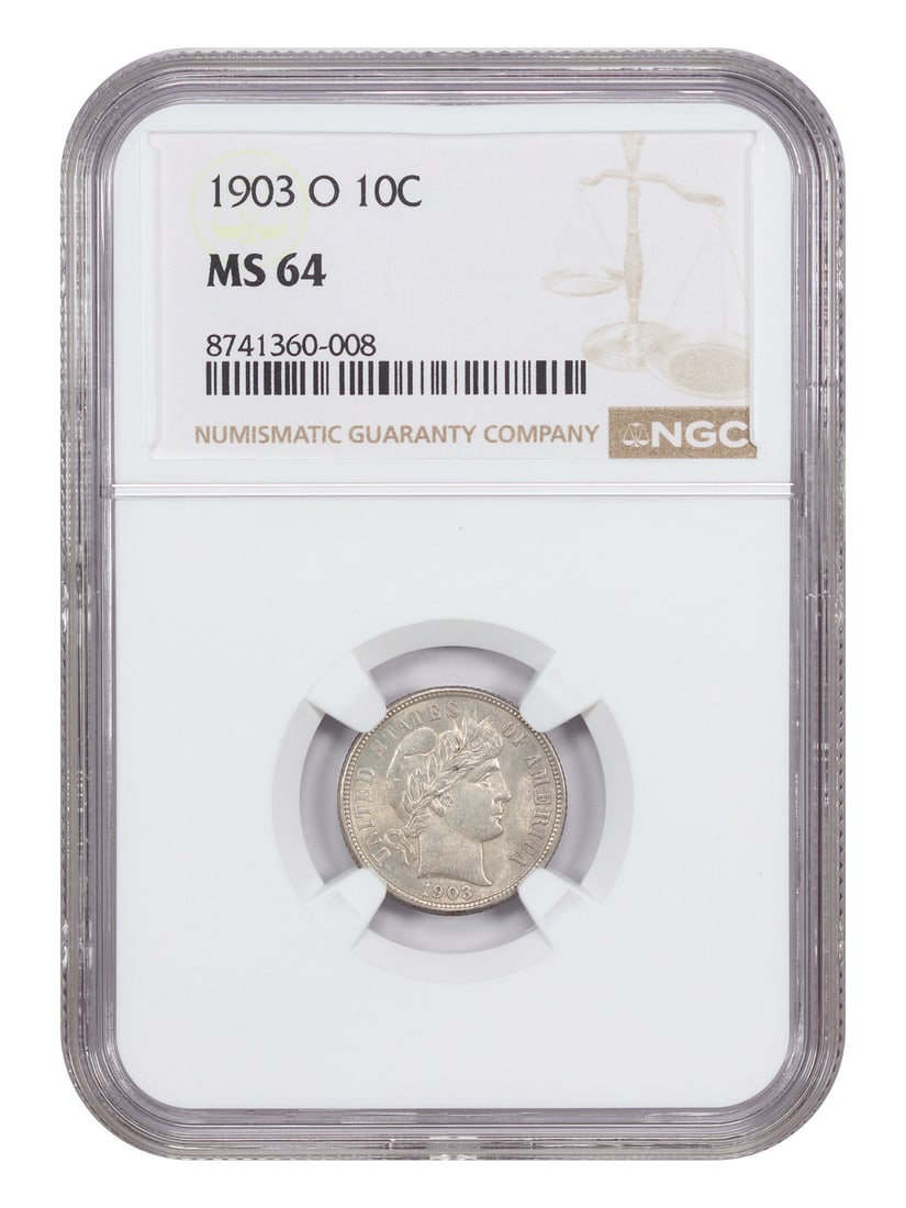 Barber Dime - 1903-O 10C NGC MS64: Barber Dime - 1903-O 10C NGC MS64 This listing features Barber Dime - 1903-O 10C NGC MS64. Item specifics are provided below. Item Specifics: Certification: NGC Certification Number: 8741360008 Circul