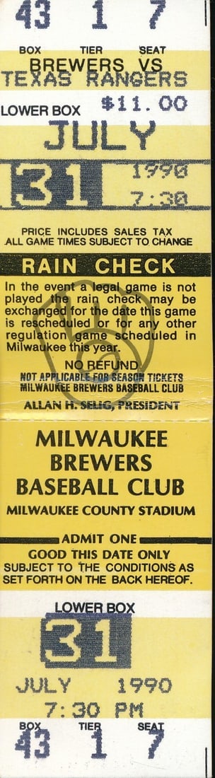 1990 Full Ticket Brewers vs. Rangers Nolan Ryan 300th Win 201572 - July 31: 1990 Full Ticket Brewers vs. Rangers Nolan Ryan 300th Win 201572 - July 31 This listing features 1990 Full Ticket Brewers vs. Rangers Nolan Ryan 300th Win 201572 - July 31. Item specifics are