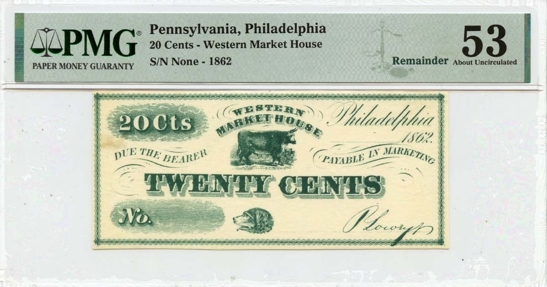 PA Obsolete Note Western Market House PMG AU53 - 1862 20 Cents Philadelphia: PA Obsolete Note Western Market House PMG AU53 - 1862 20 Cents Philadelphia This listing features PA Obsolete Note Western Market House PMG AU53 - 1862 20 Cents Philadelphia. Item specifics are provid