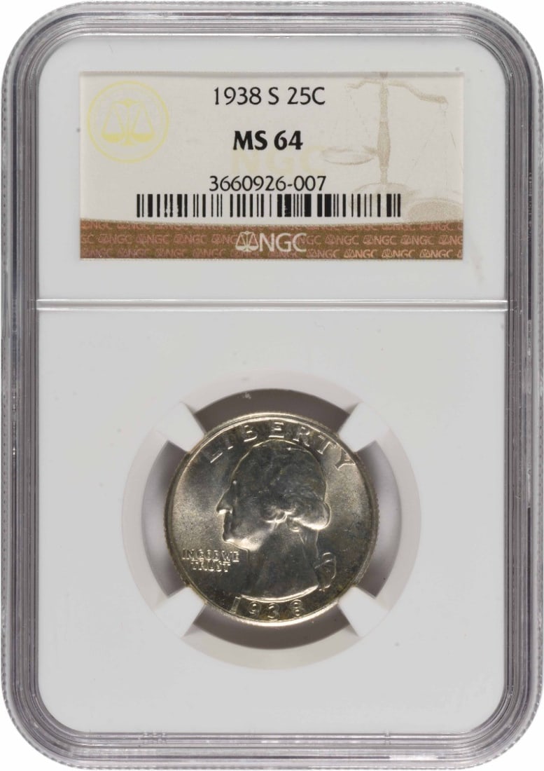 NGC 1938-S Washington Silver Quarter MS64: NGC 1938-S Washington Silver Quarter MS64 This listing features NGC 1938-S Washington Silver Quarter MS64. Item specifics are provided below. Item Specifics: Country Of Origin: United States Certifica
