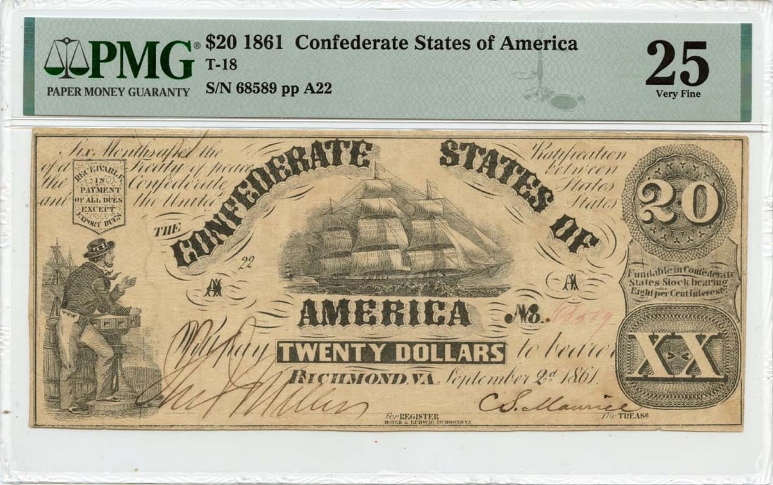 VF25 1861 $20 Confederate States of America T-18 CSA PMG (1 of 1)