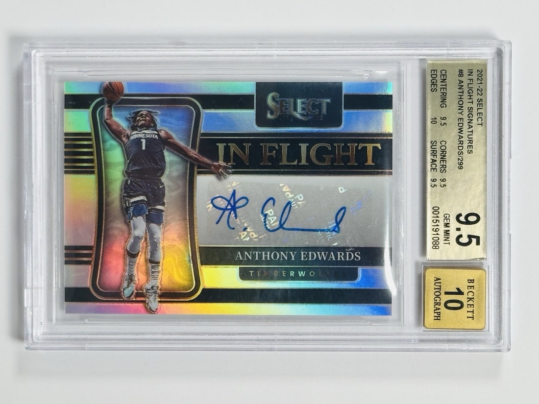 10 2021-22 PANINI SELECT ANTHONY EDWARDS #8 IN FLIGHT AUTO/ 299 BGS 9.5 AUTO (1 of 2)