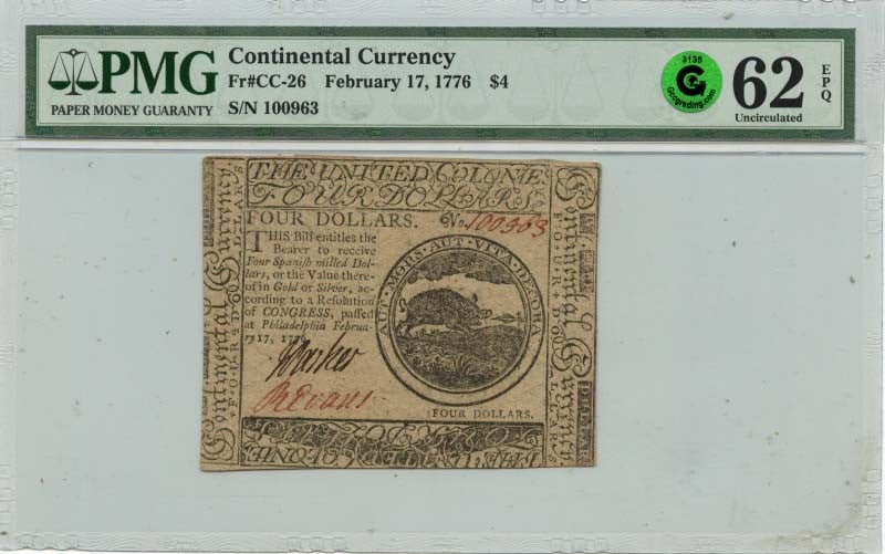 $4 Continental Currency FR#CC-26 PMG CU62 EPQ GCC Green - 1776 February 17: $4 Continental Currency FR#CC-26 PMG CU62 EPQ GCC Green - 1776 February 17 This listing features $4 Continental Currency FR#CC-26 PMG CU62 EPQ GCC Green - 1776 February 17. Item specifics are provided