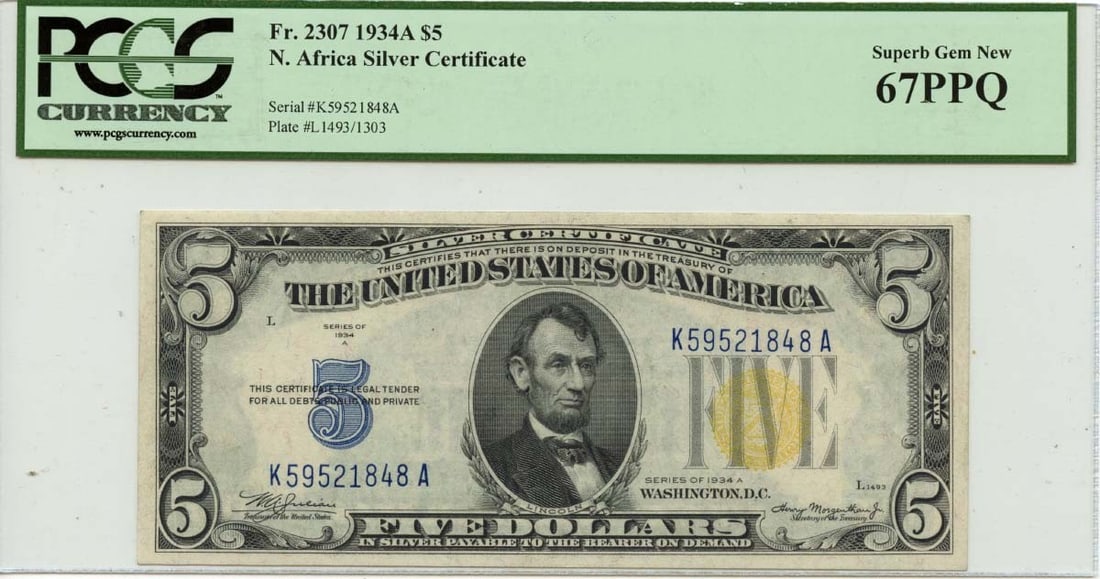 PPQ 1934A $5 N. Africa WWII Emergency Issue Fr# 2307 PCGS Superb Gem 67 (1 of 1)