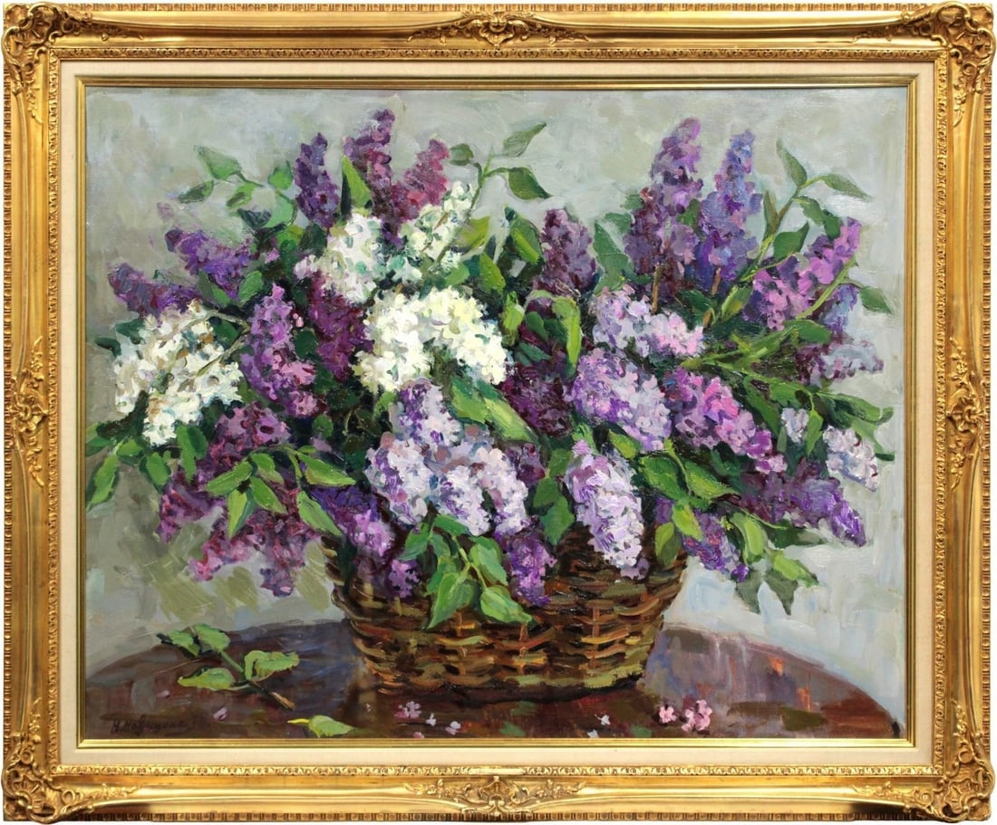 Signed Natalia Navashina Krandievskaya Lilacs in a Basket Soviet Oil Painting: Signed Natalia Navashina Krandievskaya Lilacs in a Basket Soviet Oil Painting This listing features Signed Natalia Navashina Krandievskaya Lilacs in a Basket Soviet Oil Painting. Item specifics are pr