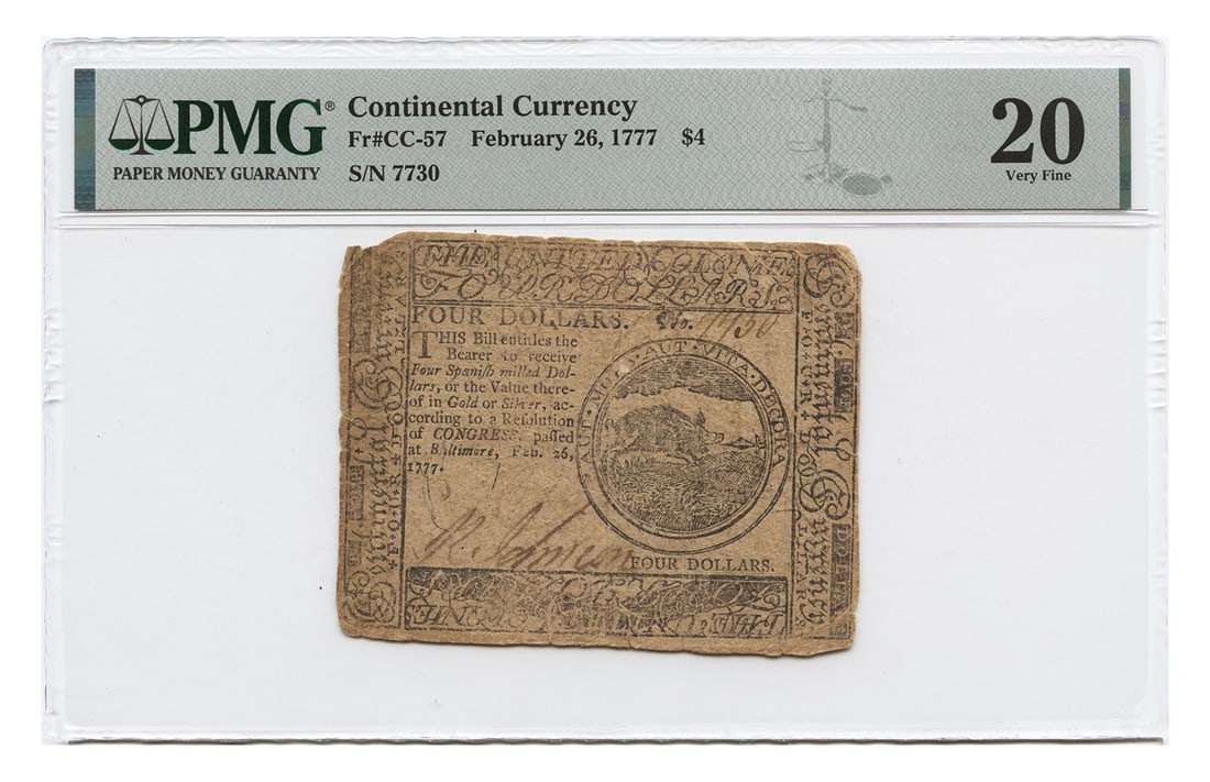 C - FR. CC-57 Feb 26, 1777 $4 Continental Currency PMG VF20 (Previously Mounted): C - FR. CC-57 Feb 26, 1777 $4 Continental Currency PMG VF20 (Previously Mounted) This listing features C - FR. CC-57 Feb 26, 1777 $4 Continental Currency PMG VF20 (Previously Mounted). Item specifics