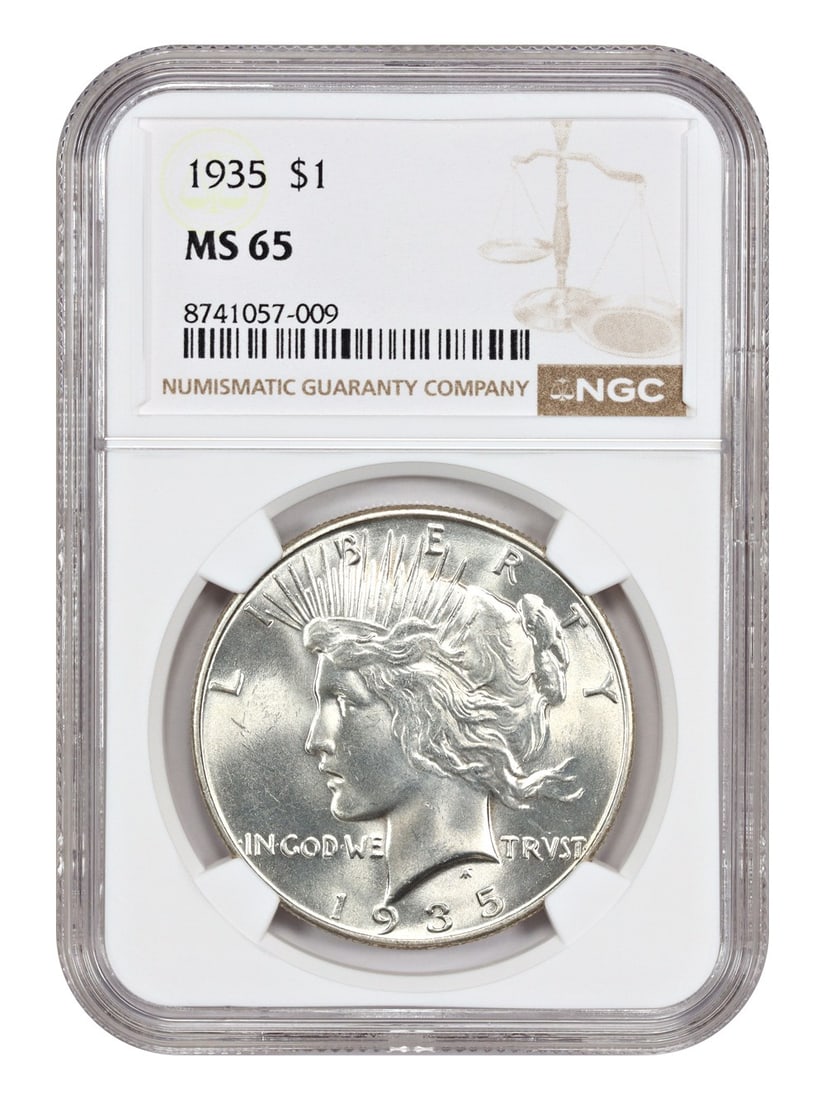 Peace Dollar - 1935 $1 NGC MS65: Peace Dollar - 1935 $1 NGC MS65 This listing features Peace Dollar - 1935 $1 NGC MS65. Item specifics are provided below. Item Specifics: Certification: NGC Certification Number: 8741057009 Circulated